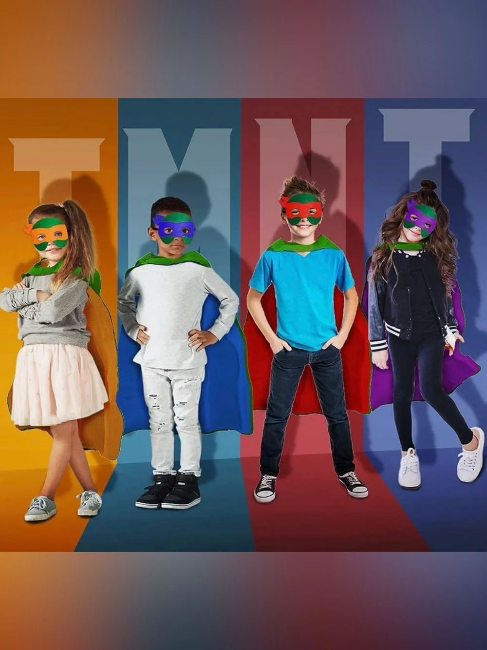 NWT Kids Green Ninja Turtle Capes and Masks Party Pack - Blue Red Purple Orange